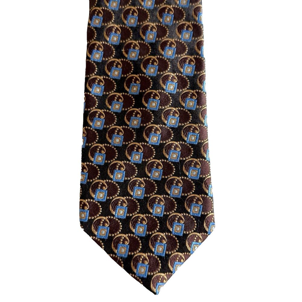 IKE BEHAR Mens 100% Silk Tie Blue Square Gold Swirl Jacquard 60" x 3.25"